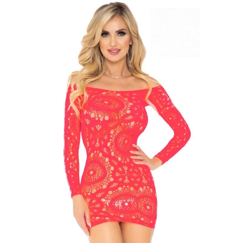 LEG AVENUE - MINI VESTIDO DE ENCAJES MANGA LARGA CORAL TALLA UNICA