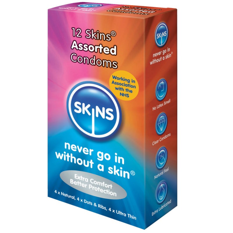 SKINS - PRESERVATIVOS NATURAL + FINO + PUNTOS  ESTRIAS 12 UDS