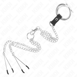 KINK - ANILLO PENE TRIPLE METAL CROMADO 3.8 CM A 5 CM CADENA METAL 26 CM Y PINZAS PARA PEZONES MODELO 2