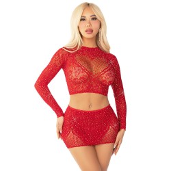 LEG AVENUE - TOP + FALDA DE REJILLA CON BRILLANTES ROJO