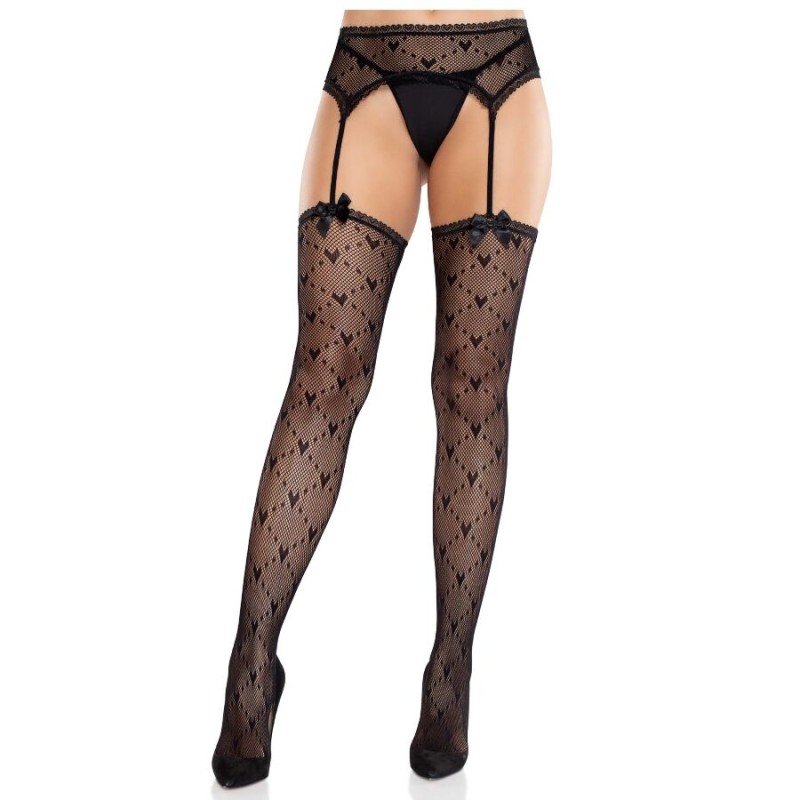 LEG AVENUE - HEART STOCKINGS WITH GARTERS BLACK