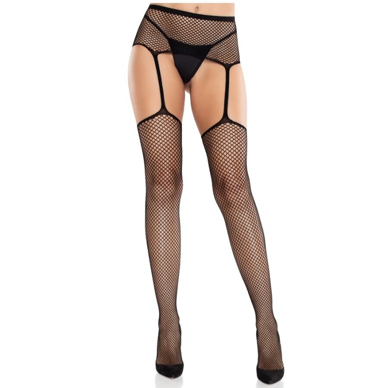 LEG AVENUE - MEDIAS DE ENCAJE CON CRUZ Y PORTALIGAS NEGRO