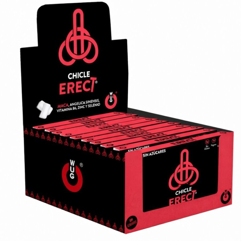 WUG ERECT  DISPLAY 12 X 8 UDS  Chicle funcional con Maca, Zinc y Vitaminas para potenciar la energía y el rendimiento masculino