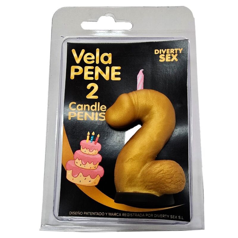 DIABLO PICANTE - PENIS CANDLE IN THE SHAPE OF THE NUMBER 2 GOLD COLOR